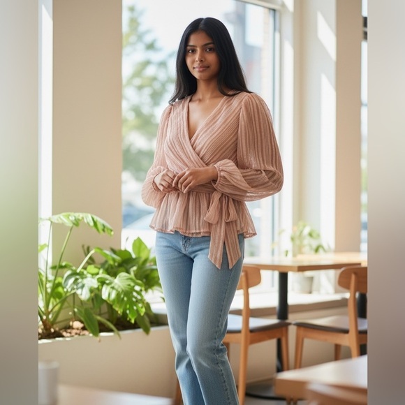 Flying Tomato Tops - A. Calin by flying tomato blouse with long puffy sleeves and tie waist